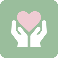 Light green rounded square with a white vector of hands holding a soft pink heart.