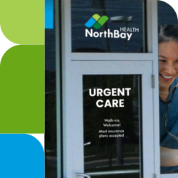 Shot of the entrance to our urgent care location in Vacaville with new vinyls of the windows featuring NorthBay's new look and logo.