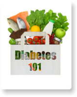 A shopping bag filled with fish and a colorful array of vegetables. Icon for the blog Living with Diabetes 101.