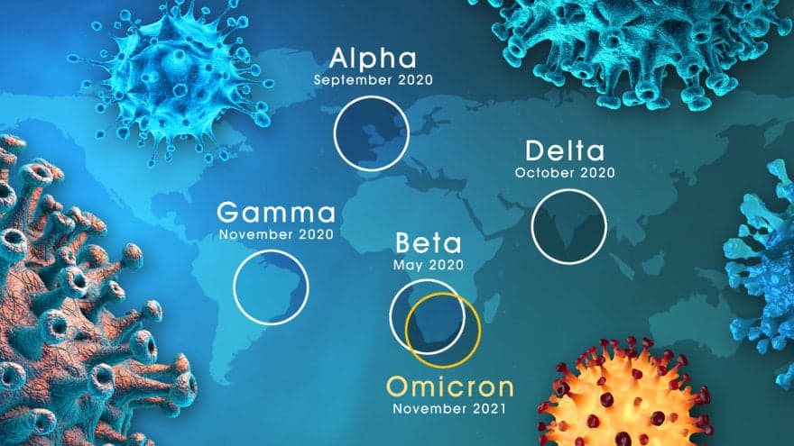 World map showing the various COVID-19 mutation variants. Microscopic view of infectious SARS-CoV-2 virus cells appear around the border of the image.