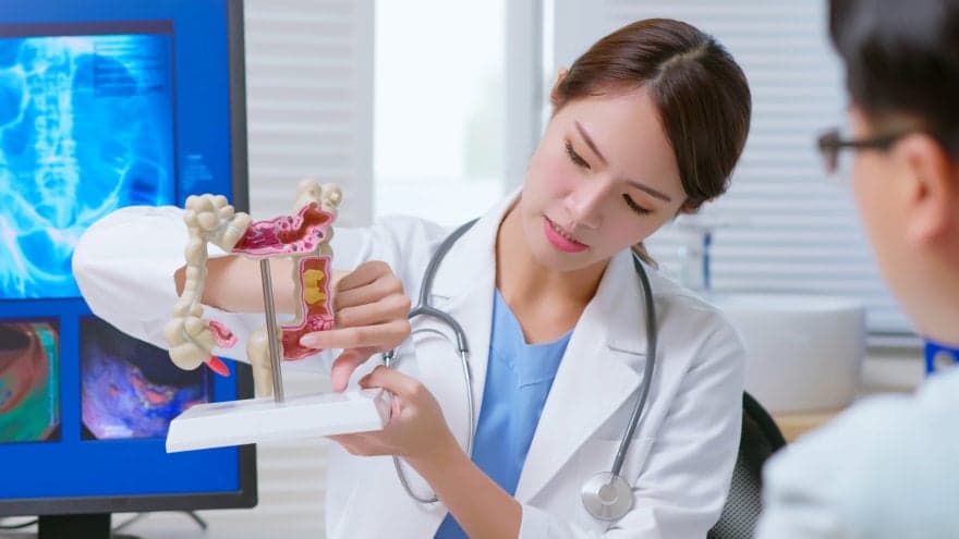 Doctor with a patient, using an educational model of a colon and pointing to it in her discussion.