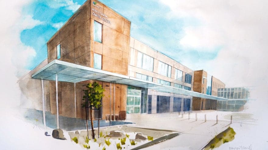 Watercolor painting of the Northbay Health Heidi Y Campini Cancer Center in Vacaville, California.