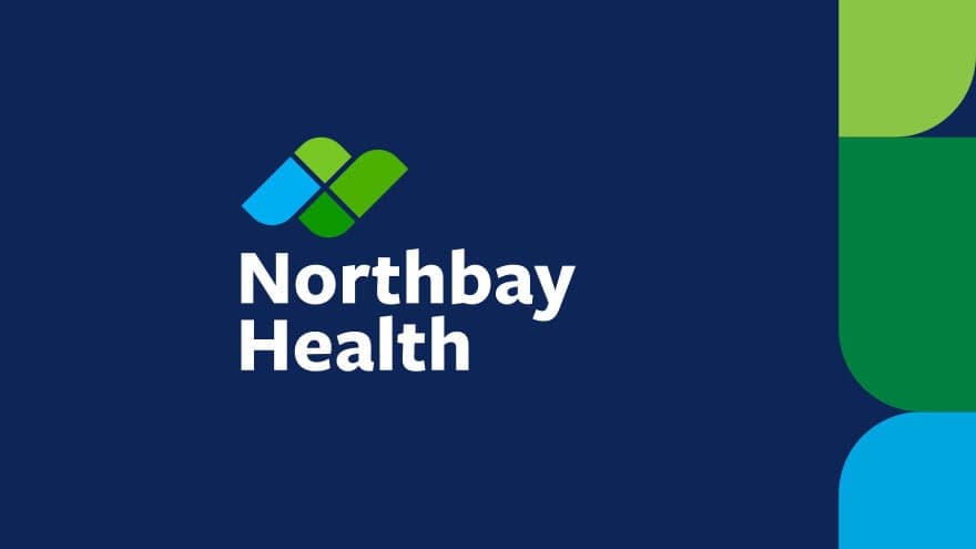 Northbay Health logo on dark blue background with green and cyan geometric shapes