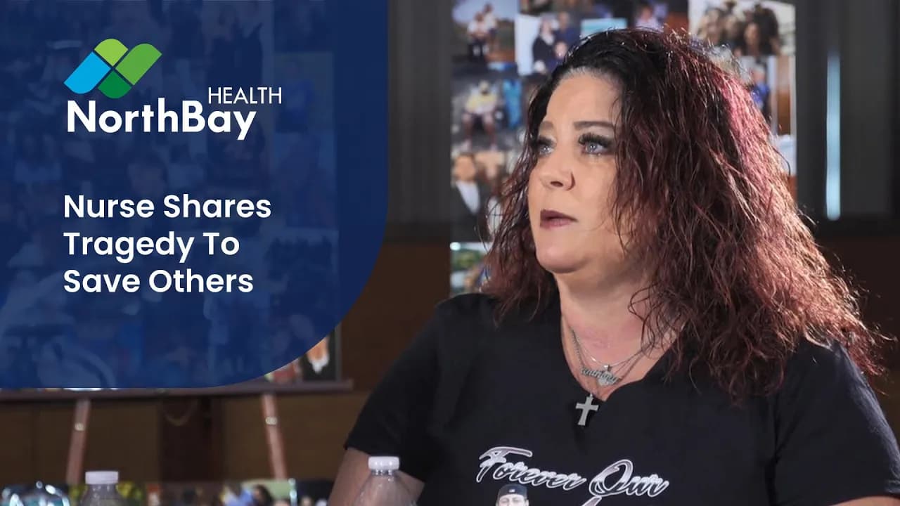 Woman being interviewed with NorthBay Health logo and text "Nurse Shares Tragedy To Save Others" on blue background