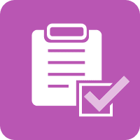 Light purple/pink square with a white icon of a paper with a pencil next to it.