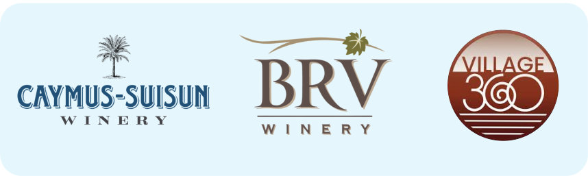 Logos of Village 360 BackRoad Vines Winery and Caymus-Suisun Winery.