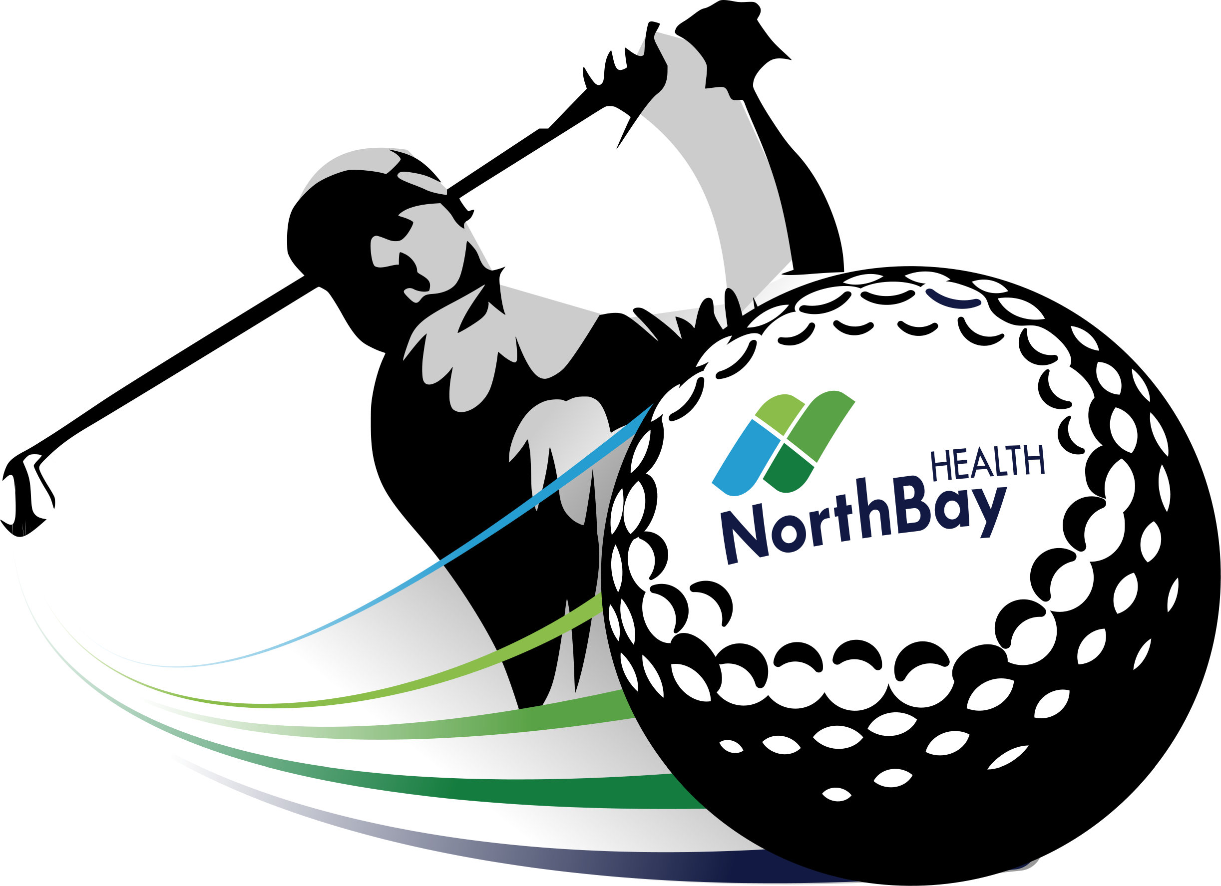 A figure striking a golf ball that speeds toward the viewer. The ball leaves a vibrant, multi-colored trail behind it. NorthBay Health's logo is prominently displayed in the center of the golf ball.