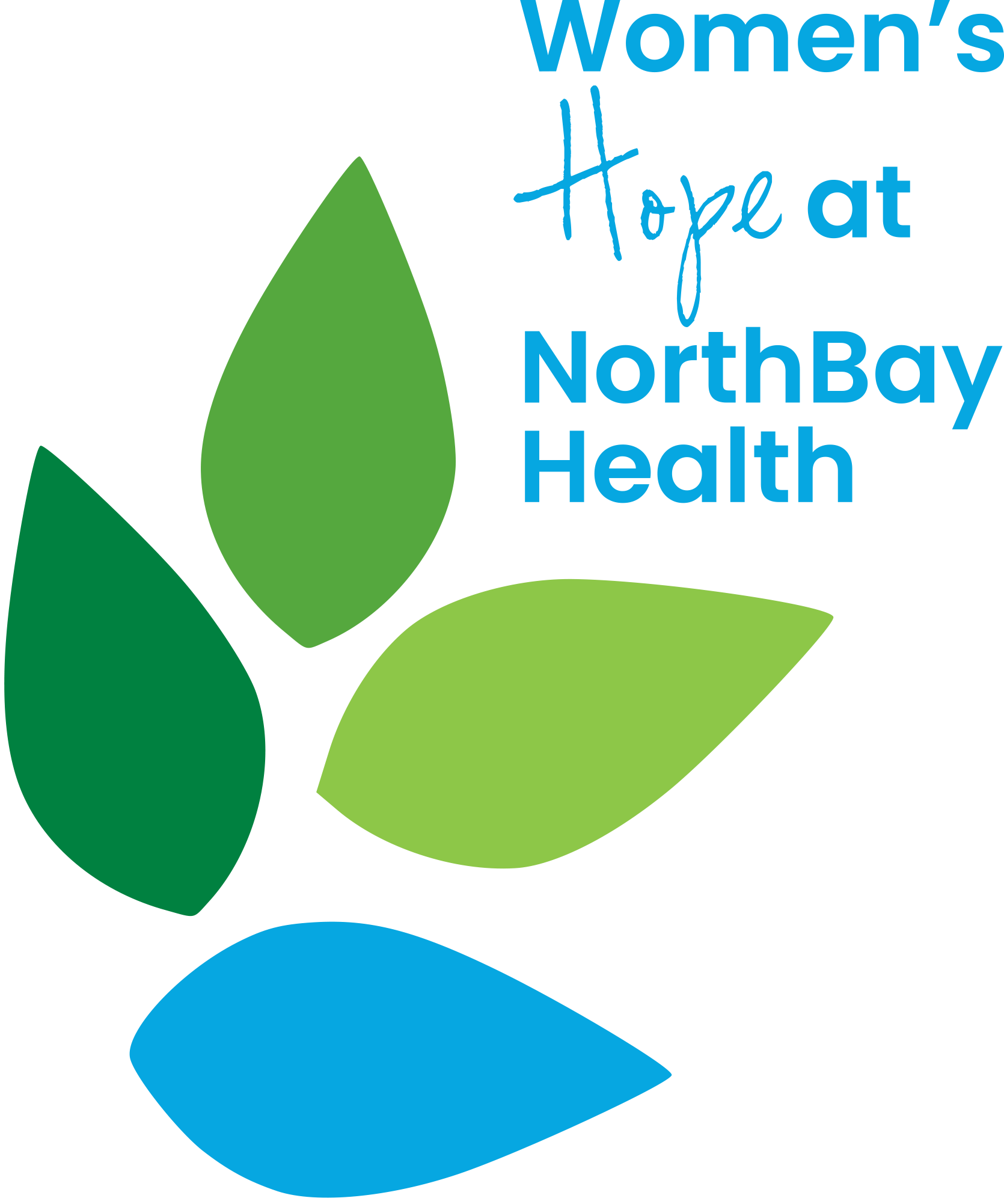 Logo for Women's HOPE at NorthBay: four petals of various greens and blues arranged above the word Hope.