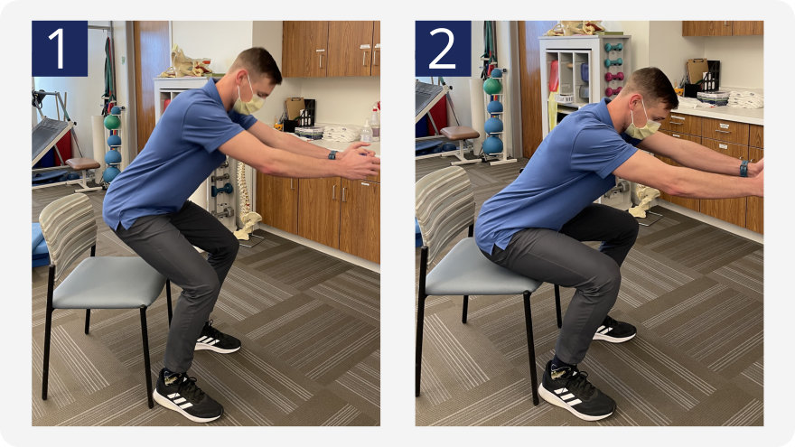 2 step instruction showing the chair squat exercise.