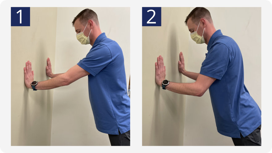 2 step guide to performing an elevated pushup against a wall.