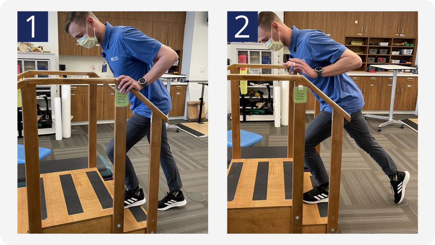 2 step instruction showing the stair step back exercise.