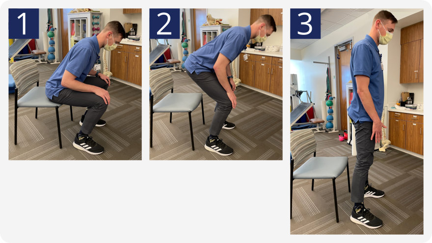 3 step instruction showing the sit stand exercise.