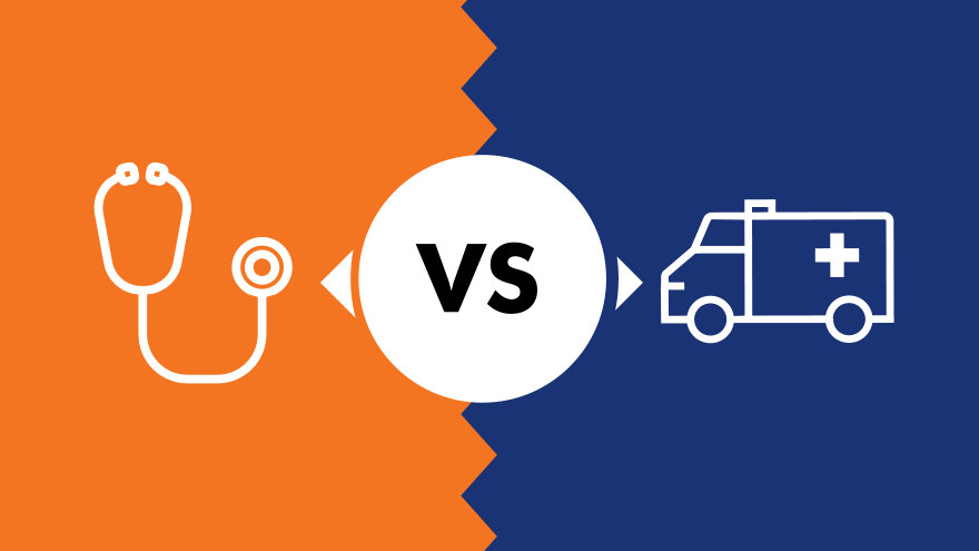 Illustration depicting on the left a white stethoscope on an orange background, and on the right a white ambulance on a dark blue background. In the middle is a white circle with vs in black text.