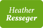 Heather Resseger's name in white on a grass green background.