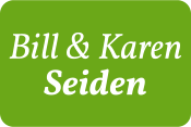 Bill and Karen Seiden's name in white on a grass green background.