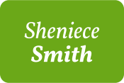 Sheniece Smith's name in white on a grass green background.