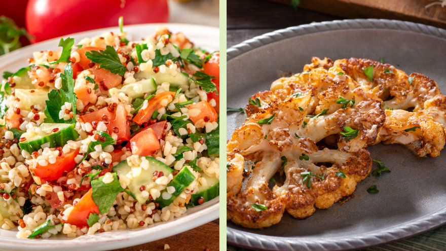 Mediterranean Quinoa Salad on the left and Grilled Cauliflower Steaks on the right.