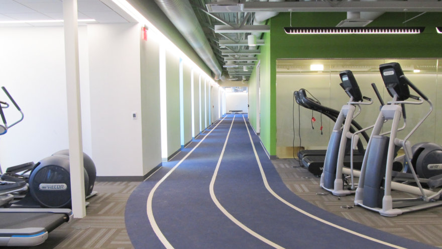 Corner of the fitness center's walking track that wraps around the second floor.