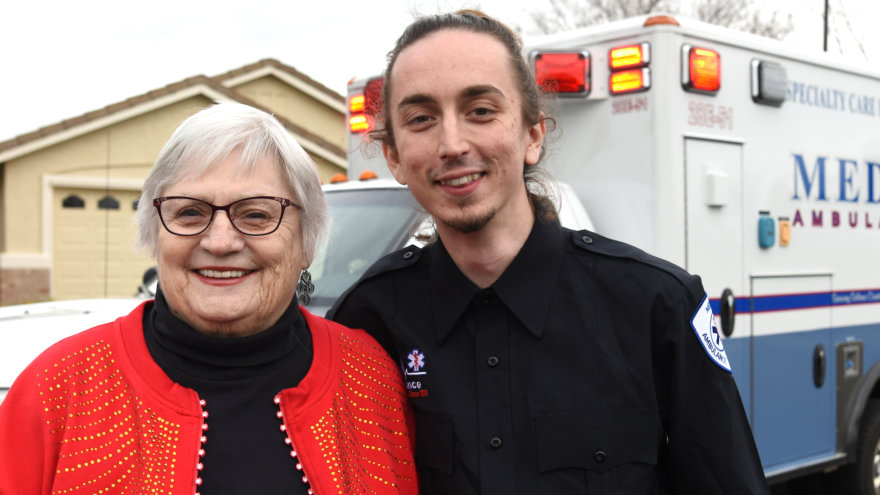 Shirley, Vacaville resident and Pulmonary Embolism survivor, posing with the EMT who was on the ambulance ride to NorthBay Medical Center.