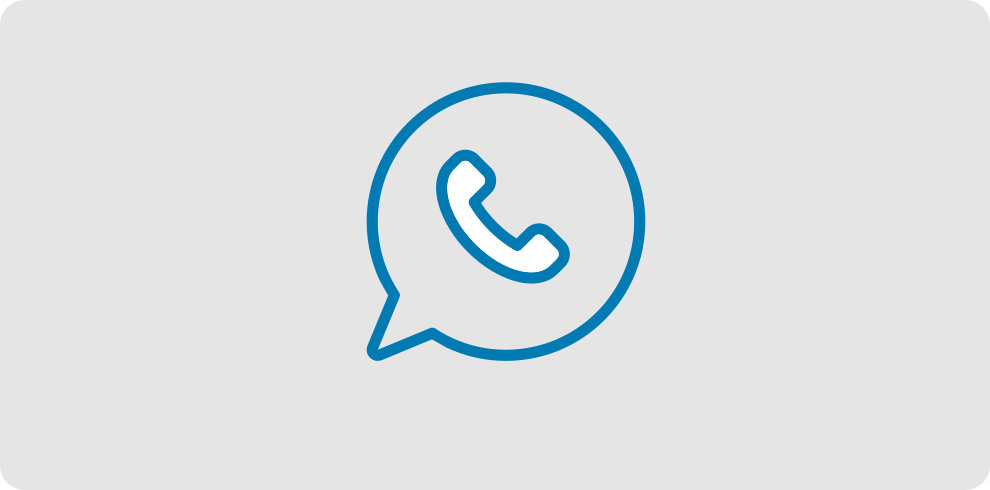 Rounded medium blue rectangle with white icon of a phone in a dialog bubble.