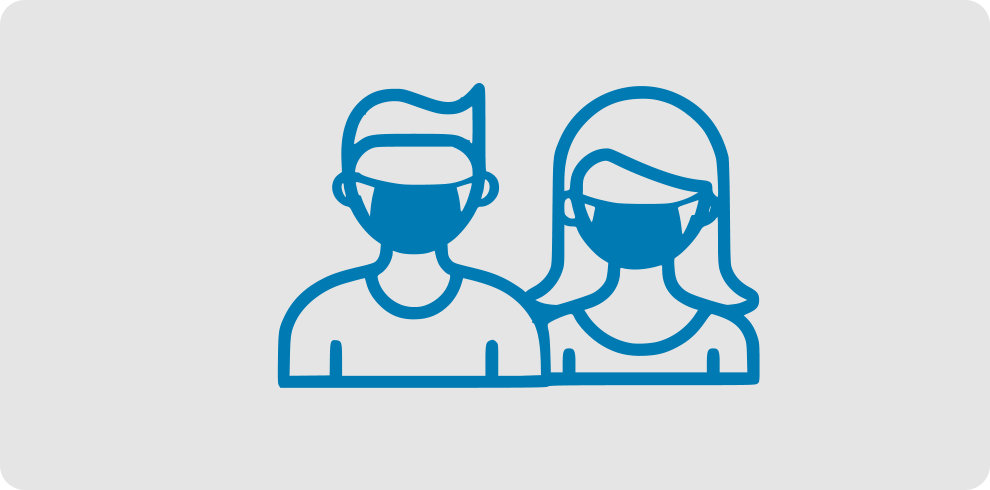 Rounded light blue rectangle with white icon of two people with masks.