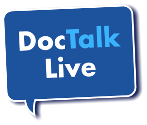 Doc Talk Live Logo of a square word bubble withe the words 'Doc Talk Live' inside.