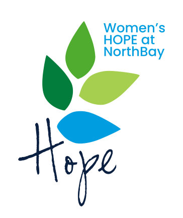 Logo for Women's HOPE at NorthBay: four petals of various greens and blues arranged above the word Hope.