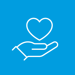 Vector illustration of an outstretched hand offering a heart on a sky blue background.