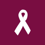 White icon of a cancer ribbon on a purple background.