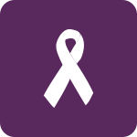 Large rounded dark purple square with a white icon of a cancer ribbon.