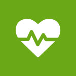 White icon of a heart on a grassy green background.