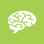 White icon of a brain on a sunny green background.