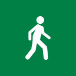 White icon of a person walking on a dark teal green background.