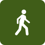 Large rounded dark green square with a white icon of a person walking.