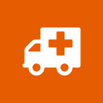 White icon of an ambulance on an orange background.