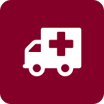 Large rounded dark red square with a white icon of an ambulance.