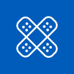 White icon of two bandages with an X formation on a cobalt blue background.