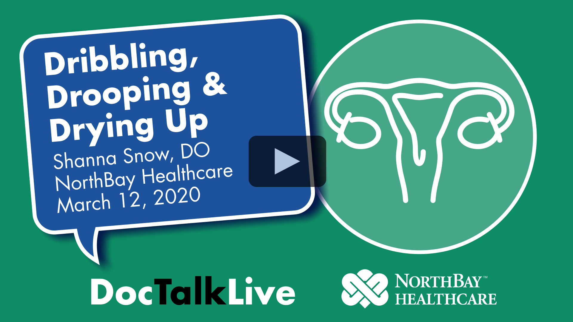 Video thumbnail for the event: Dribbling, Drooping &  Drying up with Shanna Snow, DO on March 12, 2020. The event text appears in a blue dialog bubble on top of a green background. On the right of the image is a white vector image of a uterus. The words Doc Talk Live and the NorthBay Healthcare logo appear in the bottom center of the image.