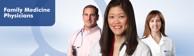 Three doctors are shown on a blue background similar to what appears on NorthBay's physician search page. 'Family Medicine Physicians' appears in the top left.