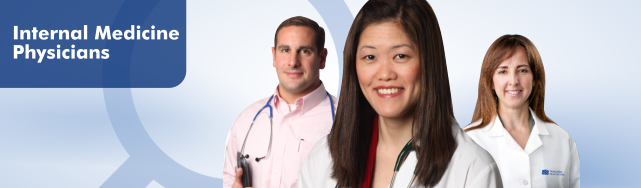 Three doctors are shown on a blue background similar to what appears on NorthBay's physician search page. 'Internal Medicine Physicians' appears in the top left.