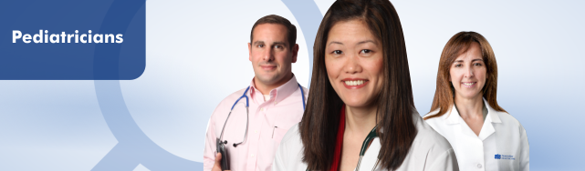 Three doctors are shown on a blue background similar to what appears on NorthBay's physician search page. 'Pediatricians' appears in the top left.
