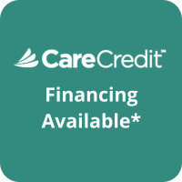 Cool green rectangle with the CareCredit logo near the top and the words 'financing available' underneath.