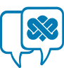 Blue vector icon of two dialog bubbles overlapping. The front bubble has the NorthBay overlapping hearts.