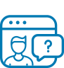 Blue vector icon of a human figure with a question mark next to it within a smaller box representing a video screen.