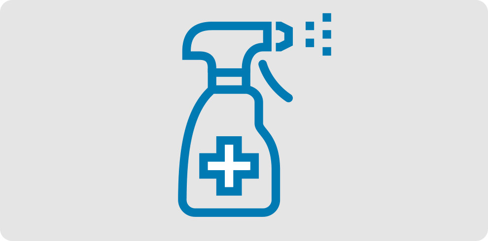Rounded yellow rectangle with a white icon of a spray bottle and a hand cleaning.