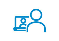 Blue vector icon of a human silhouette in front of a laptop with another human silhouette appearing on the screen.