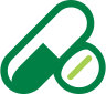 Green vector image of a long oblong pill and small round pill balancing against each other.