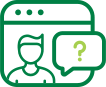 Green vector icon of a human figure with a question mark next to it within a smaller box representing a video screen.