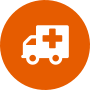 White ambulance icon in the middle of an orange background.