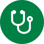 White stethoscope in the middle of a forest green circle.